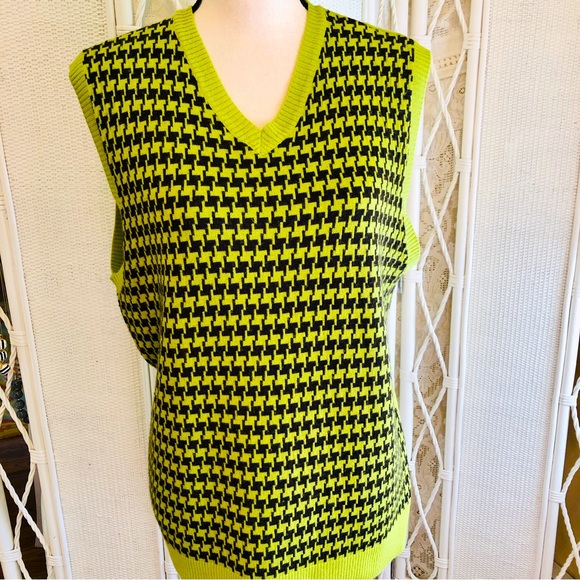 FINK Sweater Vest Houndstooth Lime Green Vintage Y2K 90 URBAN OUTFITTERS size XL - Picture 1 of 15